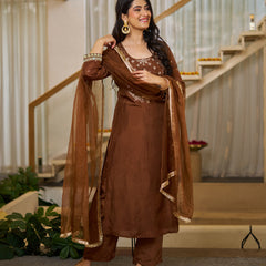 Vichitra Silk Solid Kurti Pant Set with Organza Dupatta