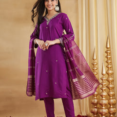 Viscose Rayon Embroidered Kurti Pant Set with Woven Chanderi Jacquard Dupatta