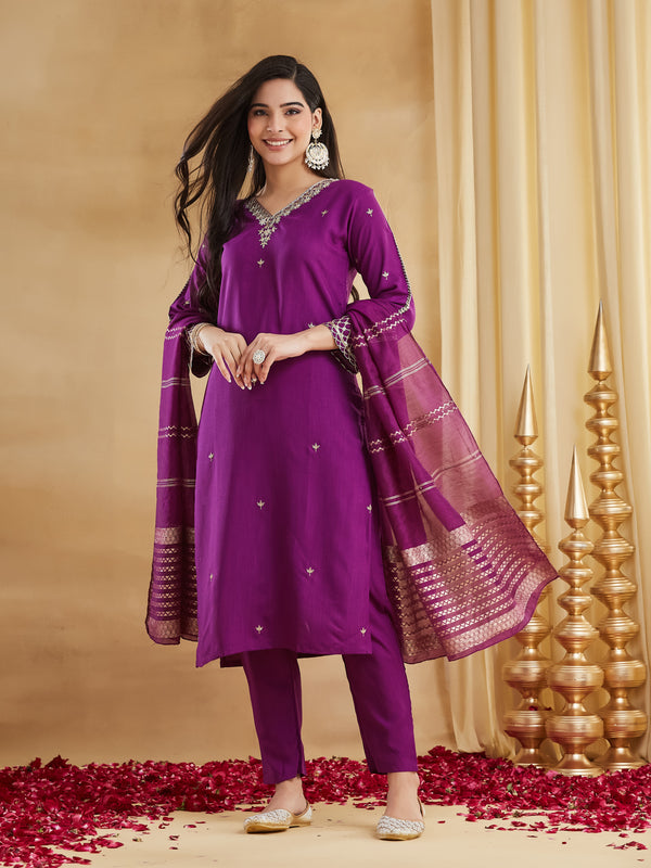 Viscose Rayon Embroidered Kurti Pant Set with Woven Chanderi Jacquard Dupatta