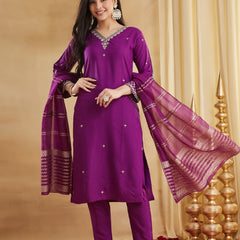 Viscose Rayon Embroidered Kurti Pant Set with Woven Chanderi Jacquard Dupatta