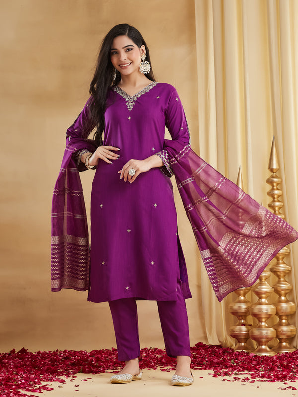 Viscose Rayon Embroidered Kurti Pant Set with Woven Chanderi Jacquard Dupatta
