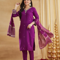 Viscose Rayon Embroidered Kurti Pant Set with Woven Chanderi Jacquard Dupatta