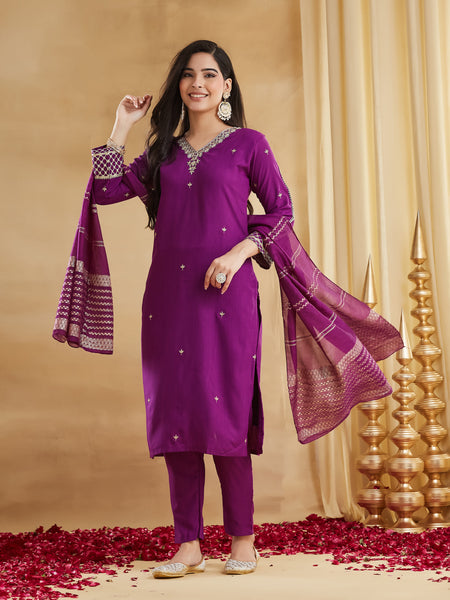 Viscose Rayon Embroidered Kurti Pant Set with Woven Chanderi Jacquard Dupatta