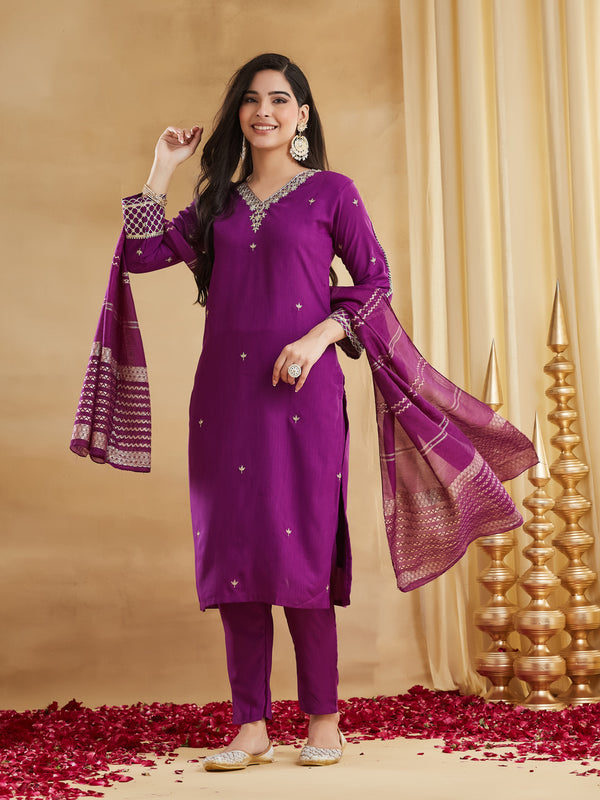 Viscose Rayon Embroidered Kurti Pant Set with Woven Chanderi Jacquard Dupatta