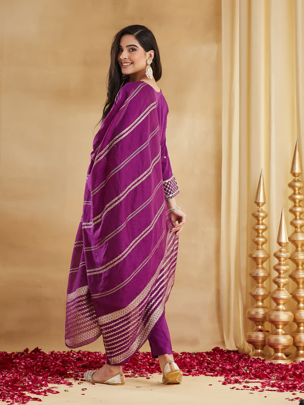 Viscose Rayon Embroidered Kurti Pant Set with Woven Chanderi Jacquard Dupatta