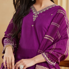 Viscose Rayon Embroidered Kurti Pant Set with Woven Chanderi Jacquard Dupatta