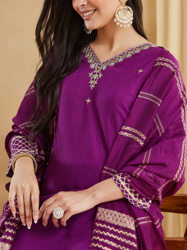 Viscose Rayon Embroidered Kurti Pant Set with Woven Chanderi Jacquard Dupatta