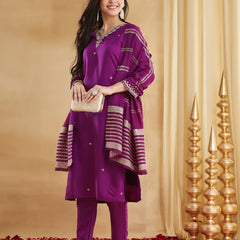 Viscose Rayon Embroidered Kurti Pant Set with Woven Chanderi Jacquard Dupatta