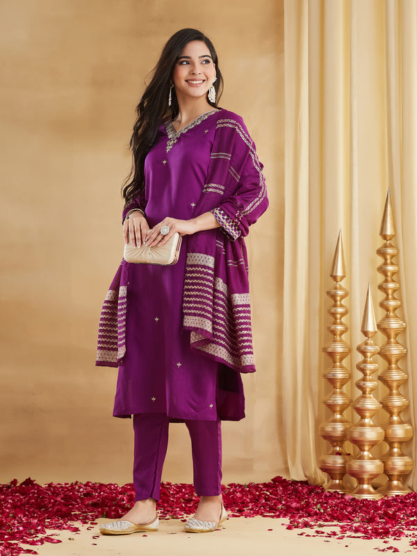 Viscose Rayon Embroidered Kurti Pant Set with Woven Chanderi Jacquard Dupatta