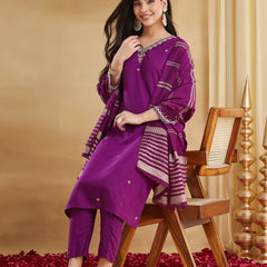 Viscose Rayon Embroidered Kurti Pant Set with Woven Chanderi Jacquard Dupatta