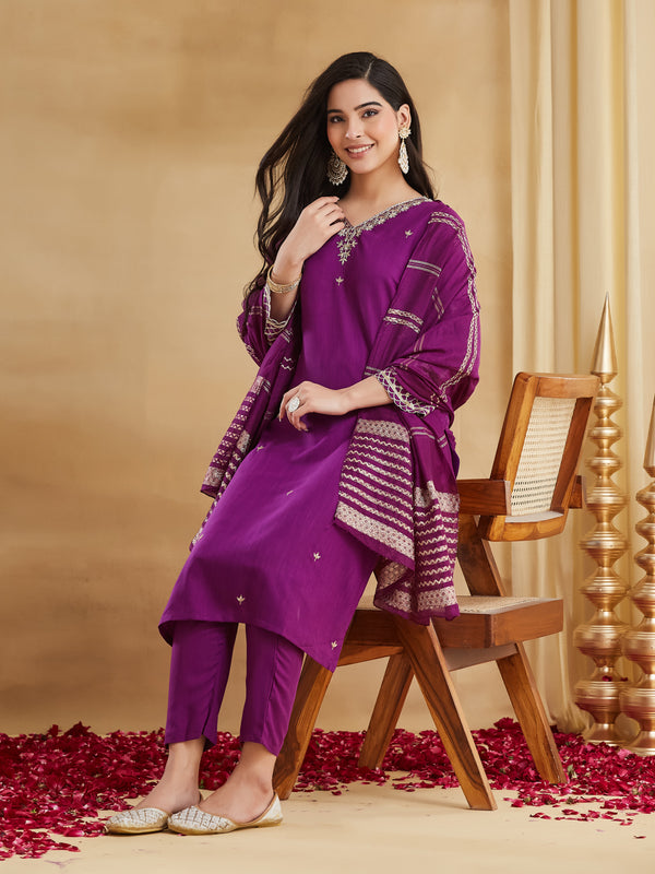 Viscose Rayon Embroidered Kurti Pant Set with Woven Chanderi Jacquard Dupatta