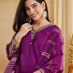 Viscose Rayon Embroidered Kurti Pant Set with Woven Chanderi Jacquard Dupatta