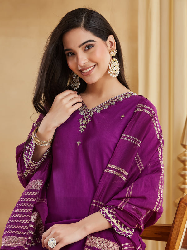 Viscose Rayon Embroidered Kurti Pant Set with Woven Chanderi Jacquard Dupatta