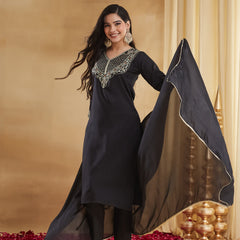 Rayon Slub Embroidered Kurti Pant Set with Chinon Dupatta