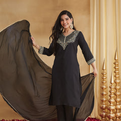 Rayon Slub Embroidered Kurti Pant Set with Chinon Dupatta