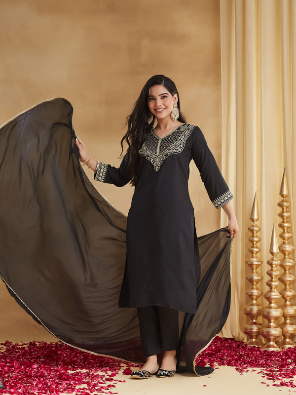 Rayon Slub Embroidered Kurti Pant Set with Chinon Dupatta