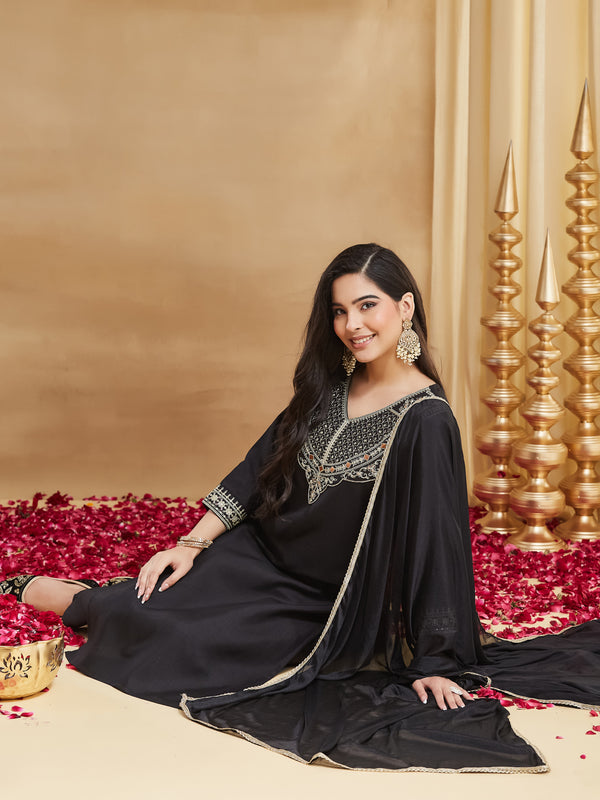 Rayon Slub Embroidered Kurti Pant Set with Chinon Dupatta