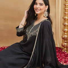 Rayon Slub Embroidered Kurti Pant Set with Chinon Dupatta