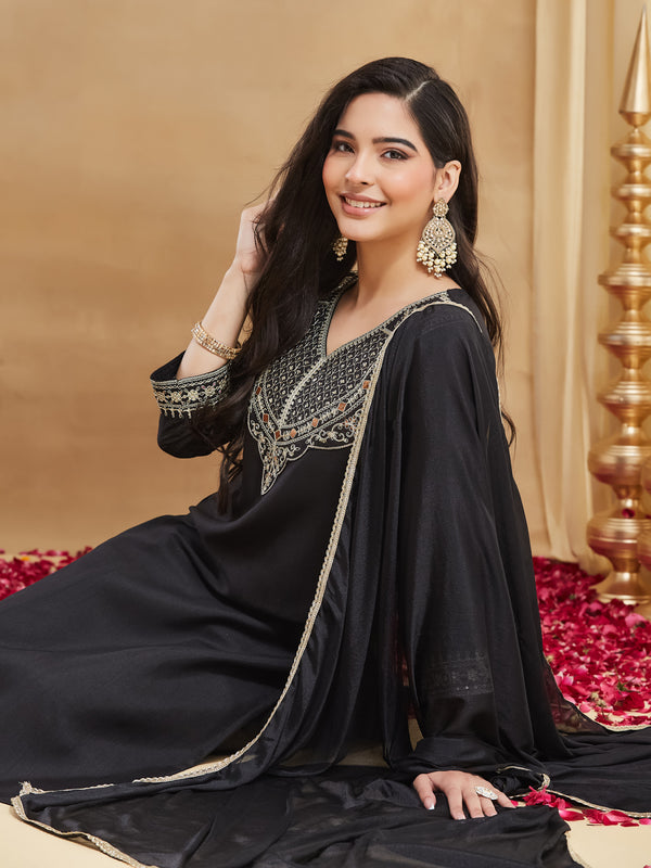 Rayon Slub Embroidered Kurti Pant Set with Chinon Dupatta