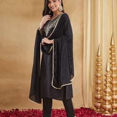 Rayon Slub Embroidered Kurti Pant Set with Chinon Dupatta