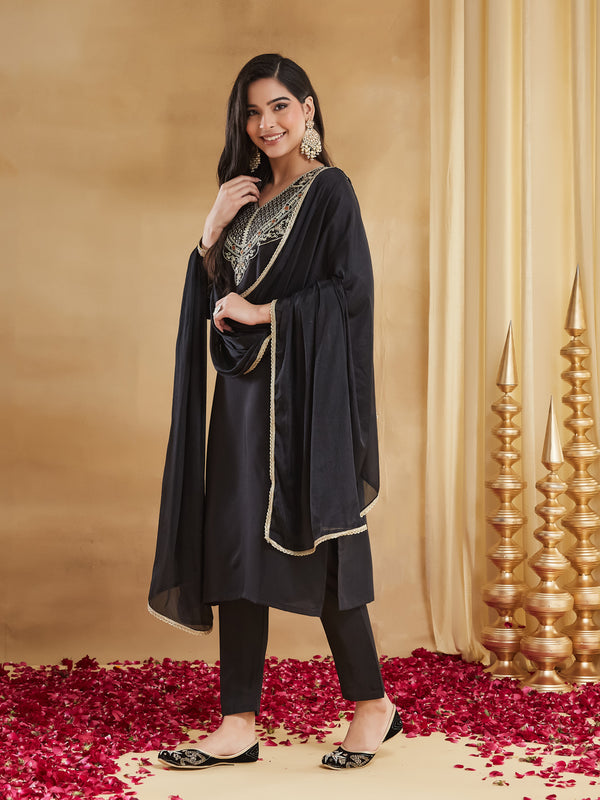 Rayon Slub Embroidered Kurti Pant Set with Chinon Dupatta