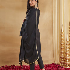 Rayon Slub Embroidered Kurti Pant Set with Chinon Dupatta