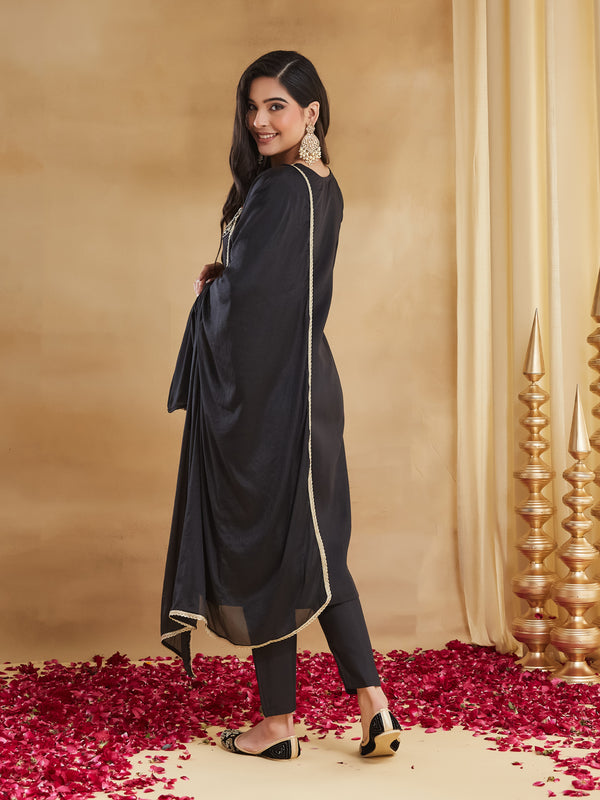 Rayon Slub Embroidered Kurti Pant Set with Chinon Dupatta