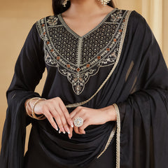 Rayon Slub Embroidered Kurti Pant Set with Chinon Dupatta