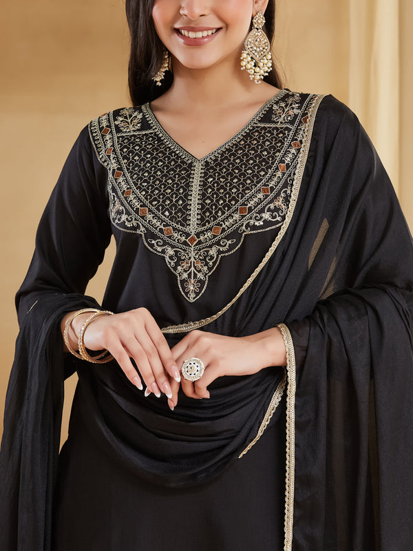 Rayon Slub Embroidered Kurti Pant Set with Chinon Dupatta