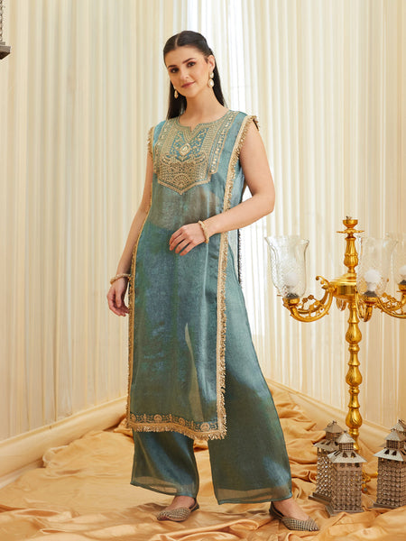Women's Fandy Satin Embroidered Kurti Pant Set