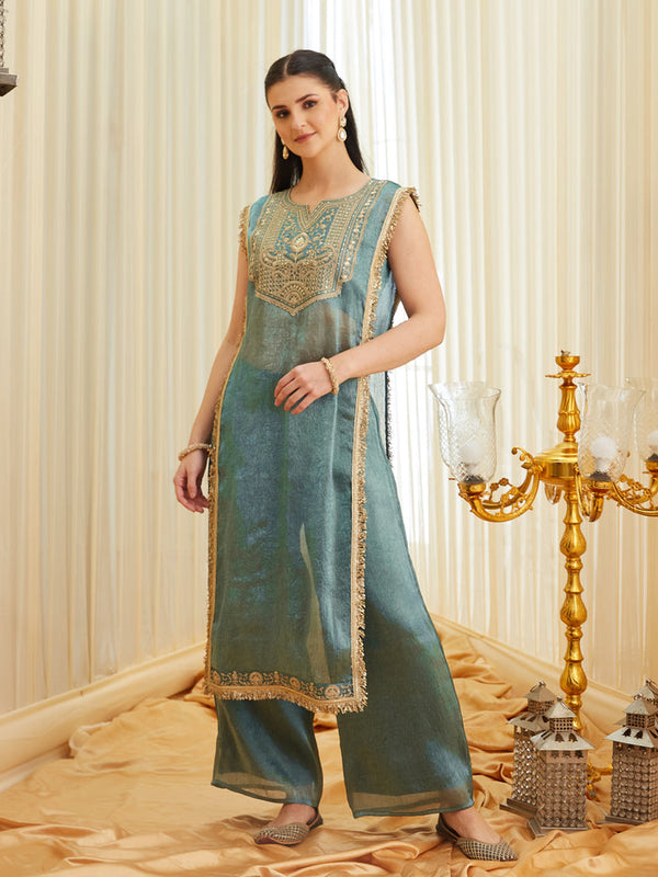 Women's Fandy Satin Embroidered Kurti Pant Set