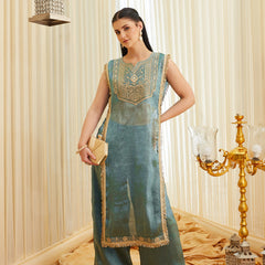 Women's Fandy Satin Embroidered Kurti Pant Set