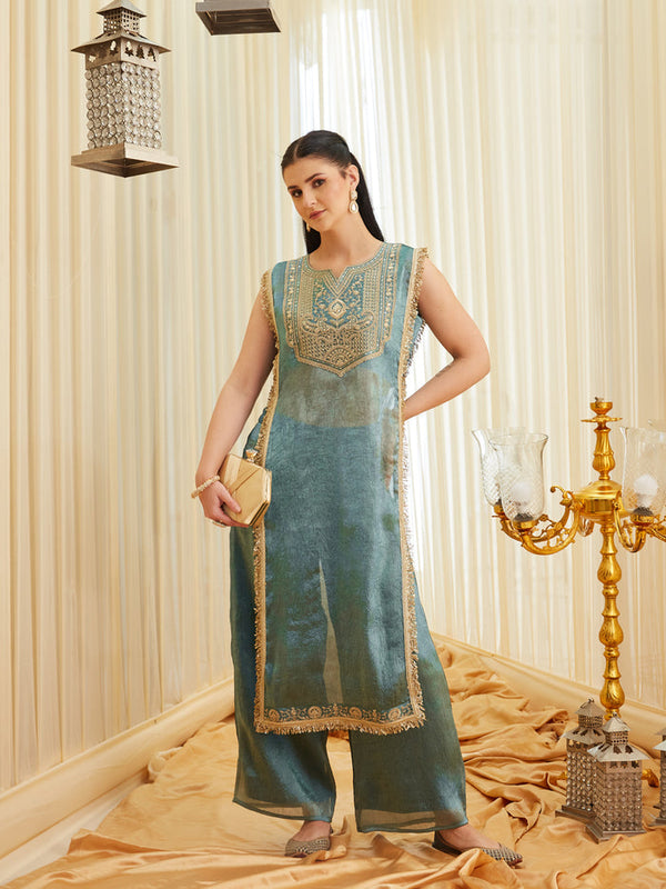 Women's Fandy Satin Embroidered Kurti Pant Set
