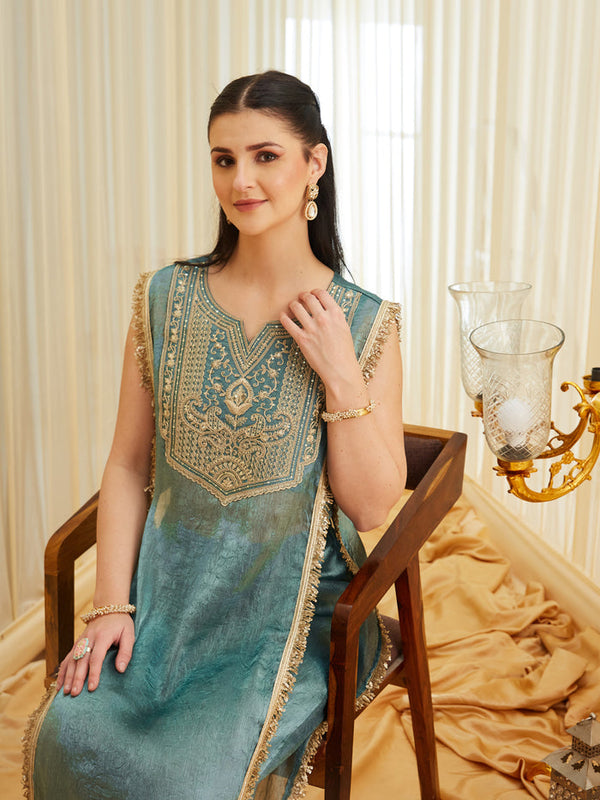Women's Fandy Satin Embroidered Kurti Pant Set