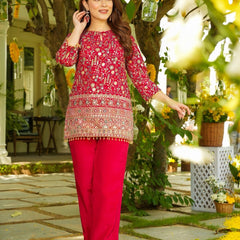 Women's Heavy Crepe Silk Embroidered Kurti Pant Set