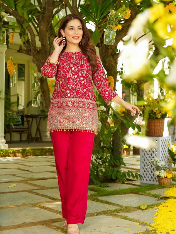 Women's Heavy Crepe Silk Embroidered Kurti Pant Set