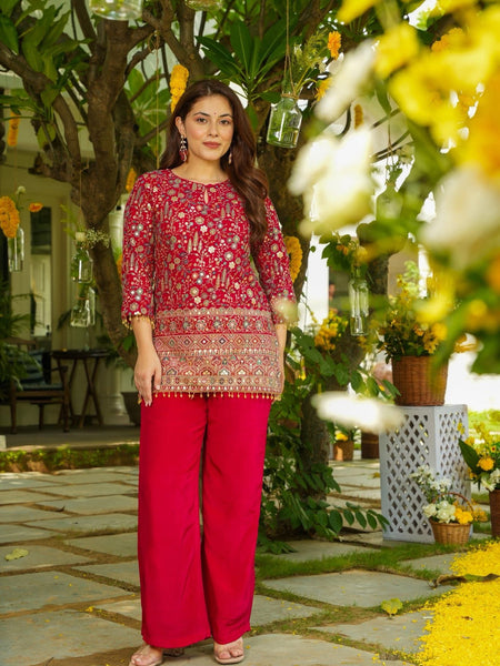 Women's Heavy Crepe Silk Embroidered Kurti Pant Set