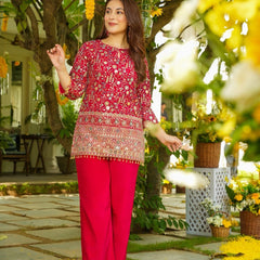 Women's Heavy Crepe Silk Embroidered Kurti Pant Set
