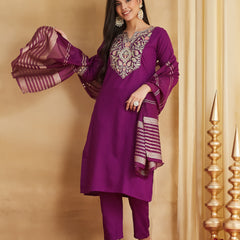 Women's Viscose Rayon Embroidered Kurti Pant Set with Woven Chanderi Jacquard Dupatta