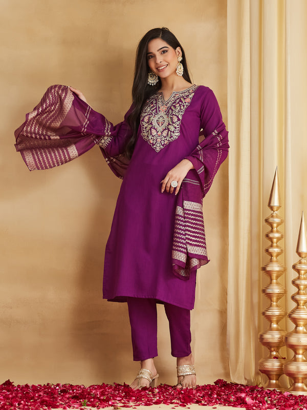 Women's Viscose Rayon Embroidered Kurti Pant Set with Woven Chanderi Jacquard Dupatta
