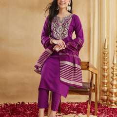 Women's Viscose Rayon Embroidered Kurti Pant Set with Woven Chanderi Jacquard Dupatta