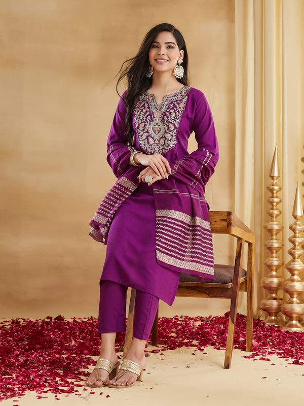 Women's Viscose Rayon Embroidered Kurti Pant Set with Woven Chanderi Jacquard Dupatta