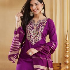 Women's Viscose Rayon Embroidered Kurti Pant Set with Woven Chanderi Jacquard Dupatta