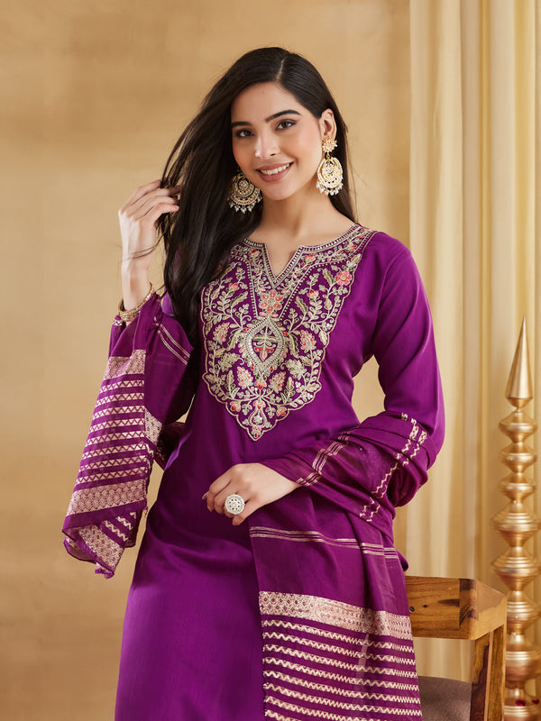 Women's Viscose Rayon Embroidered Kurti Pant Set with Woven Chanderi Jacquard Dupatta