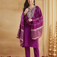 Women's Viscose Rayon Embroidered Kurti Pant Set with Woven Chanderi Jacquard Dupatta