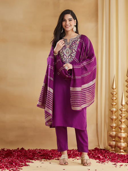 Women's Viscose Rayon Embroidered Kurti Pant Set with Woven Chanderi Jacquard Dupatta