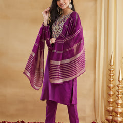Women's Viscose Rayon Embroidered Kurti Pant Set with Woven Chanderi Jacquard Dupatta