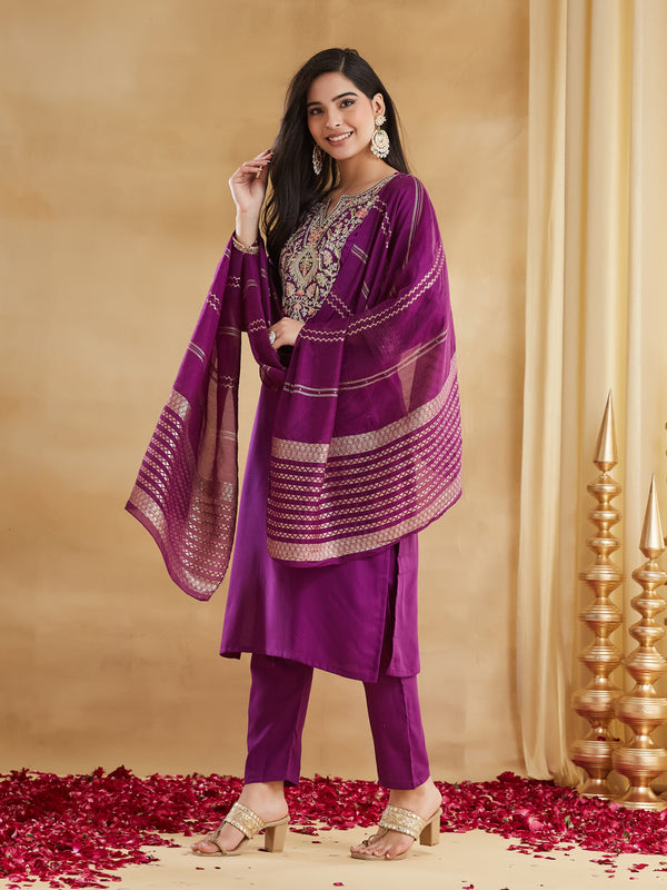 Women's Viscose Rayon Embroidered Kurti Pant Set with Woven Chanderi Jacquard Dupatta
