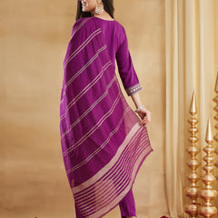 Women's Viscose Rayon Embroidered Kurti Pant Set with Woven Chanderi Jacquard Dupatta