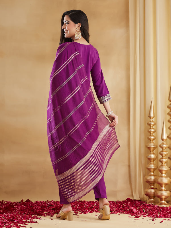 Women's Viscose Rayon Embroidered Kurti Pant Set with Woven Chanderi Jacquard Dupatta